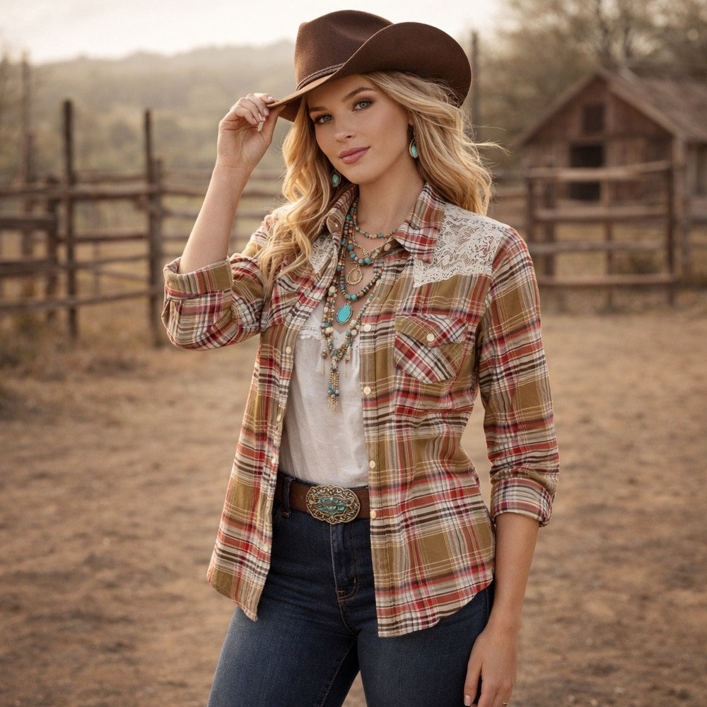 Wrangler Western Shirt Womens Large Brown Plaid Lace Pearl Snap Boho Cowgirl